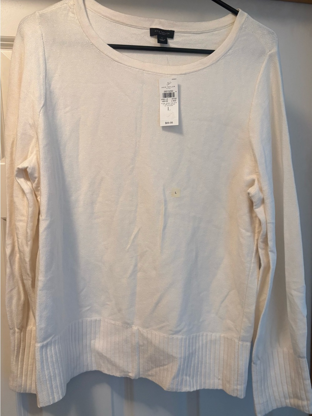 NWT Ann Taylor Cream Ribbed Bell Sleeve Sweater Size Large Women’s MSRP $69.99